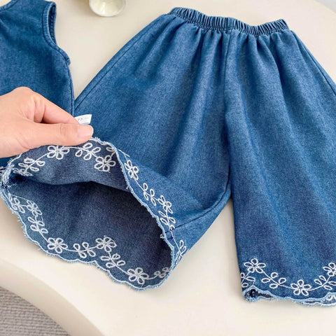 2 Pc Embroidered Hem Tank Top & Shorts Set