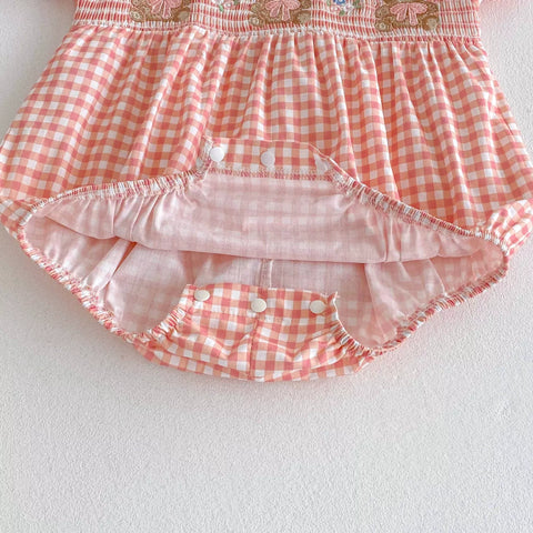 Baby Girl Bear Embroidery Gingham Bodysuit