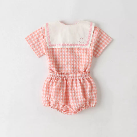 2 Pc Baby Girl Gingham Plaid Sailor Collar Set