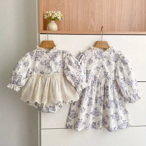 Girls Vintage Style Lavender Floral Bodysuit Dress