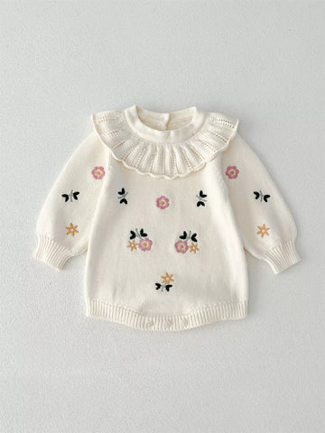 Baby Girl Flower Embroidery Knit Bodysuit