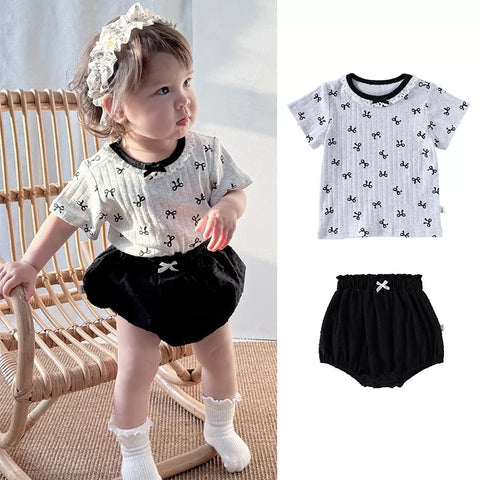 2 Pc Baby Girl Bow Print Tee & Bloomer Shorts Set
