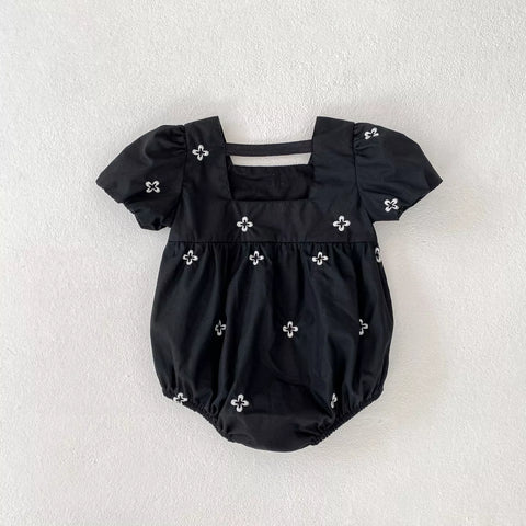 Girls Clover Embroidery Bubble Sleeve Bodysuit Dress