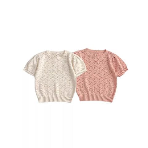 Baby Girl Pointelle Heart Short Sleeve Pullover