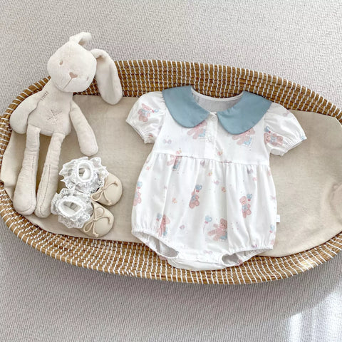 Baby Girl Teddy Bear Print Ear Collar Bodysuit
