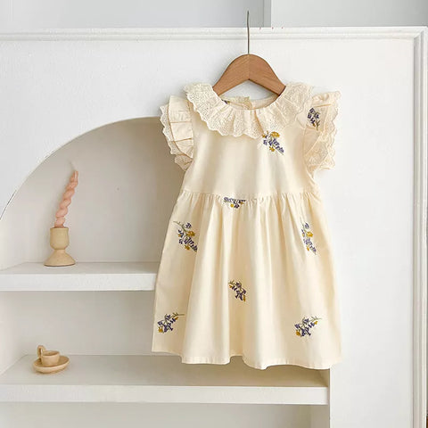 Girls Flower Embroidery Ruffle Collar Bodysuit or Dress