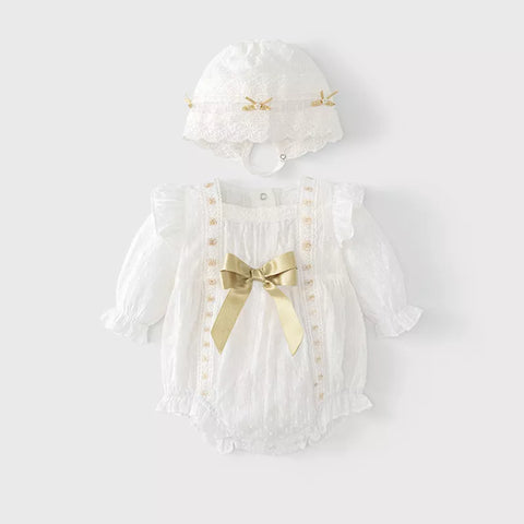 2 Pc Baby Girl Gold Ribbon Lace Bodysuit & Bonnet Set