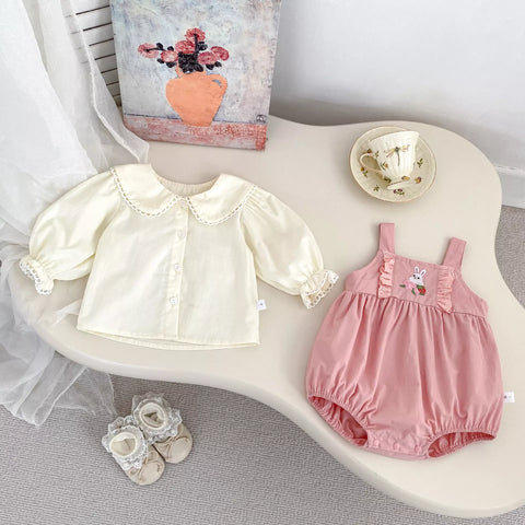 2 Pc Baby Girl Collar Shirt & Bunny Overall Bodysuit