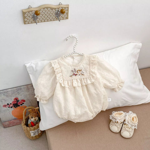 Baby Girl Square Ruffle Bib Flower Embroidery Bodysuit