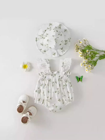 2 Pc Baby Girl Vanilla Flower Bodysuit w/ Hat