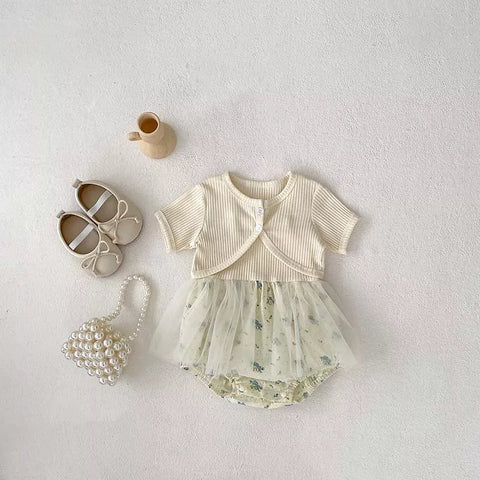 2 Pc Baby Girl Short Cardigan & Floral Ribbed Dress