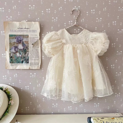 Baby Girl Elegant Flower Emb Mesh Puff Sleeve Dress