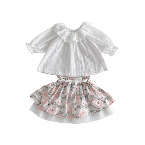 2 Pc Baby Girl Ruffle Collar Shirt & Floral Skirt Set