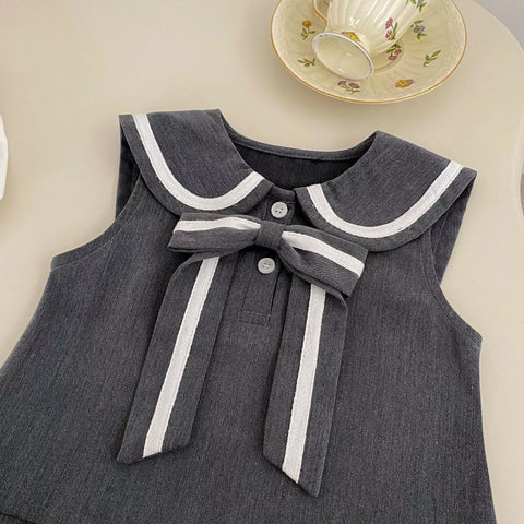 2 Pc Girls Contrast Ribbon Pinafore Dress
