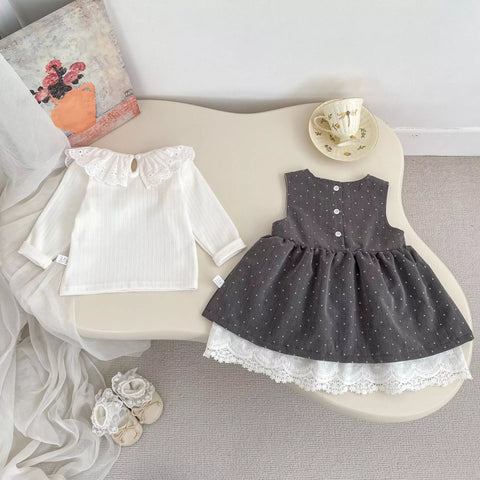 2 Pc Girls Polka Dot Lace Layered Dress