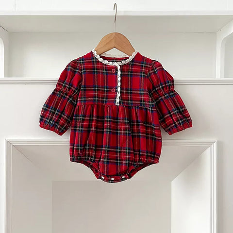 Girls Red Plaid Lace Trim Bodysuit or Dress
