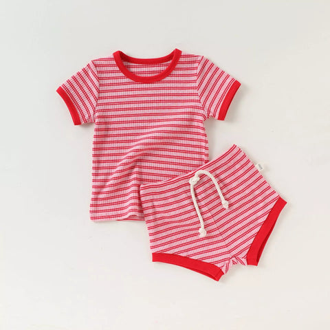 2 Pc Baby Striped Ribbed Tee & Shorts Set