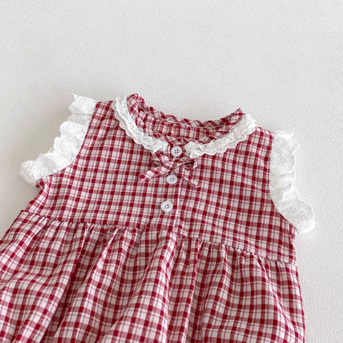 2 Pc Baby Girl Plaid Lace Trim Bodysuit w/ Bandana