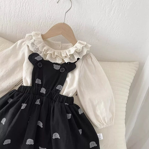 2 Pc Baby Girls Bear Print Overall Dress & Ruffle Shirt Set