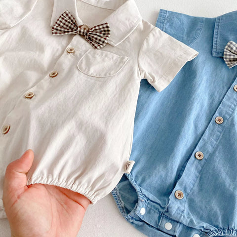 Baby Boy Button Up Bow Tie Chambray Bodysuit