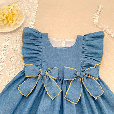 Girls Bows Chambray Denim Dress/Bodysuit