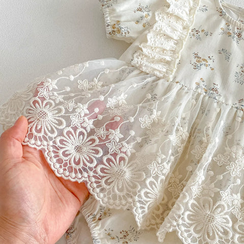 2 Pc Baby Girl Ditsy Lace Floral Dress with Bonnet