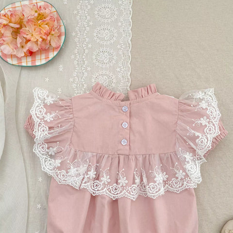 Girls Lace Trim Flower Embroidered Bodysuit or Dress