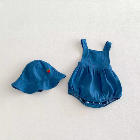 3 Pc Strawberry Overall Bodysuit w/ Collar Shirt & Hat