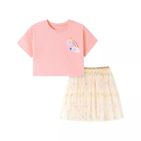 2 Pc Rainbow Hearts Tee and Mesh Skirt Set
