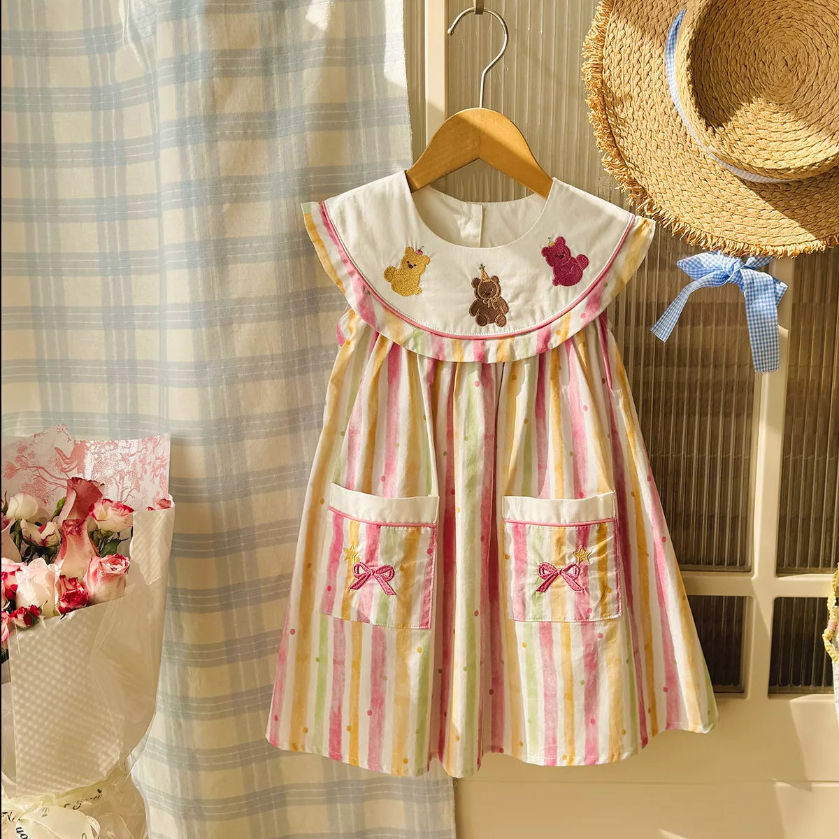 Girls Party Bear Circle Collar Rainbow Dress
