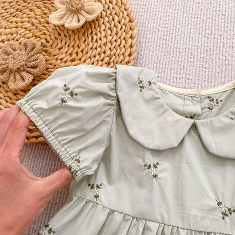 Girls Cotton Ditsy Flower Embroidered Puff Sleeve  Bodysuit or Dress