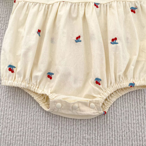 Girls Cotton Cherry Embroidered Puff Sleeve Bodysuit or Dress