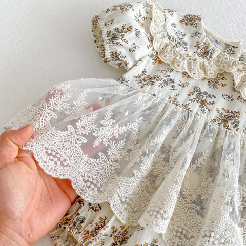 2 Pc Baby Girl Vintage Style Bodysuit w/ Bonnet
