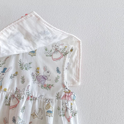 Baby Girl Square Bib Collar Bunny Print Bodysuit
