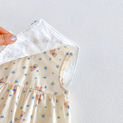 Baby Girl Square Bib Collar Bear Print Bodysuit