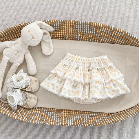 Girls Tiered Ruffle Bow Print Skirt