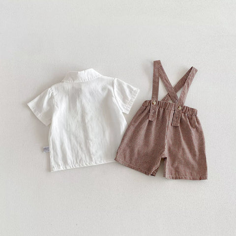 2 Pc Boys Plaid Suspenders Shorts & Shirt Set