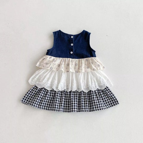 Girls Ruffle Tiered Mix Fabric Skirt Dress