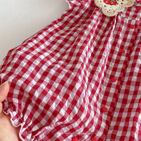 Baby Girl Crochet Strawberry Gingham Romper