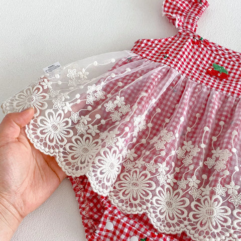 Baby Girl Cherry Plaid Lace Overlay Bodysuit Dress