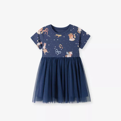 Girls Bear & Unicorn Starry Night Print Tee Dress