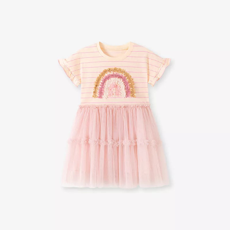 Girls Rainbow & Stripes Pattern Tee Shirt Dress