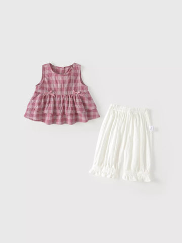 2 Pc Girls Boho Plaid Top & Ruffle Capri Pants Set