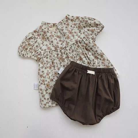 2 Pc Girls Ruffle Neck Top & Bloomers Set