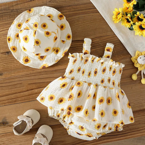 2 Pc Baby Girl Sunflower Smocked Bodysuit w/ Hat