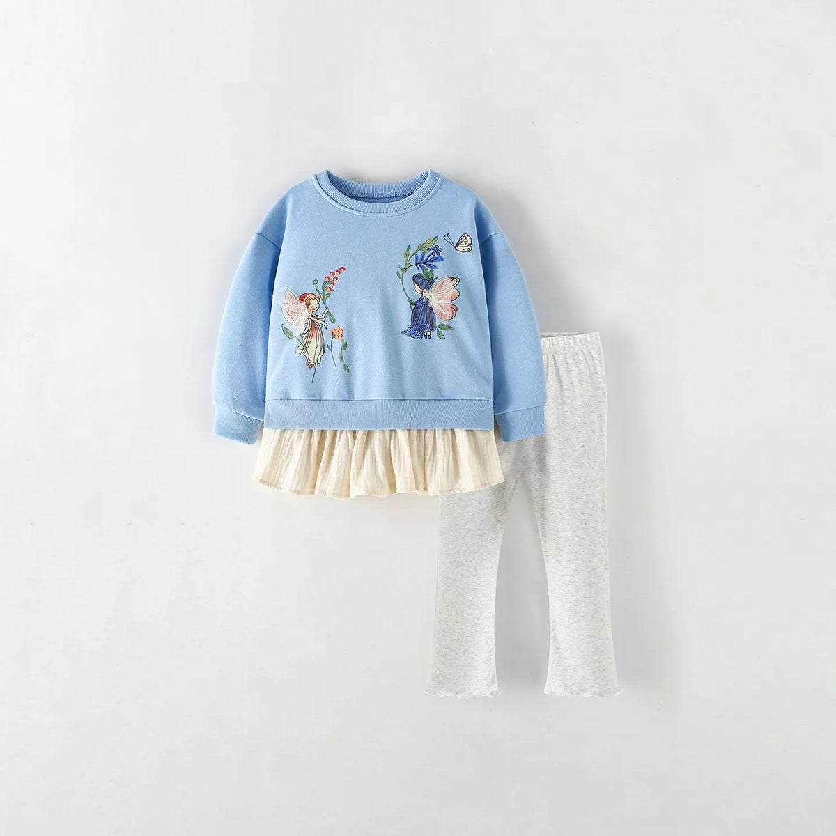 2 Pc Girls Fairy Print Layered Sweatshirt  & Leggings Set