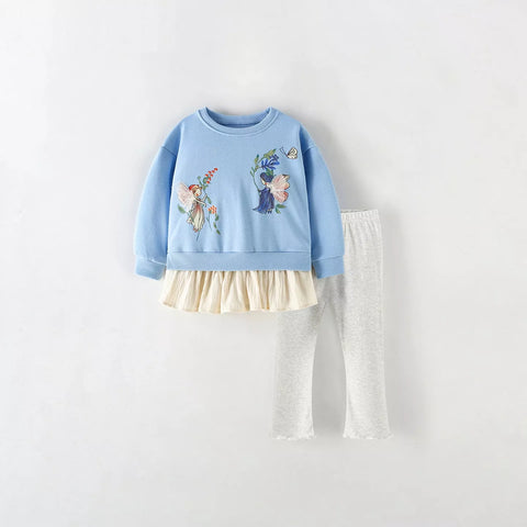 2 Pc Girls Fairy Print Layered Sweatshirt  & Leggings Set