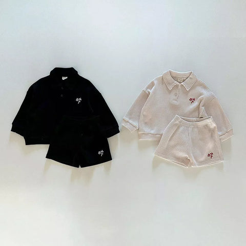 2 Pc Kids Ribbed Polo Sweatshirt & Shorts Set