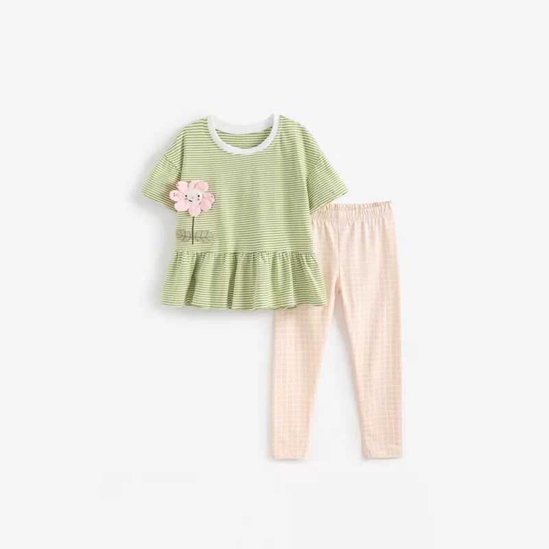 2 Pc Girls Spring Flower & Gingham Leggings Set