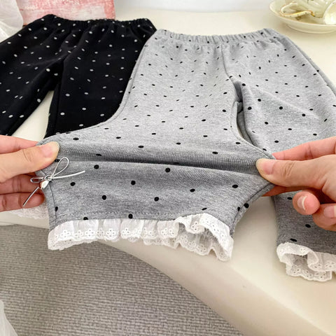 Girls Polka Dot Lace Trim Flare Pants